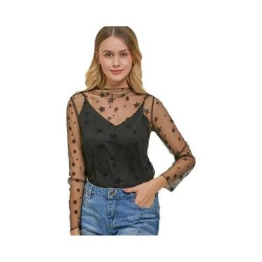 Imagem de Blusa Feminina Sexy de Renda com Manga Longa - Gola Listrada com Bolin