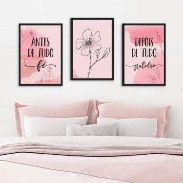 Imagem de Kit 3 Quadros Decorativos Sobre Fé e Gratidão Rosa