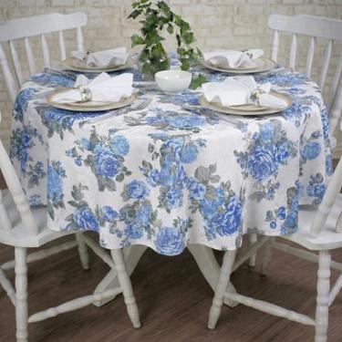 Imagem de Toalha de Mesa Redonda em Tecido Jacquard Estampado Floral Azul, 2,90
