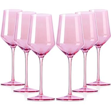 Imagem de Conjunto de 6 taças de vinho rosa cristal soprado à mão - 425 g, aro fino, haste longa, perfeito para vermelho ou branco, uso diário, casamento exclusivo, presente de aniversário
