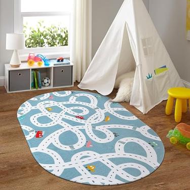 Imagem de LIVEBOX Tapete infantil grande lavável, 1,2 m x 1,8 m antiderrapante para sala de jogos, tapetes divertidos de quarto de crianças para quarto, tapete de estrada azul para uso interno para sala de aula