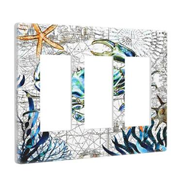 Imagem de Caranguejo náutico 3 interruptores de luz interruptor de interruptor de luz decorativa tripla tomada tampa de parede placa frontal decorativa para banheiro casa sala de estar quarto decoração 6,57 x 4,65 polegadas