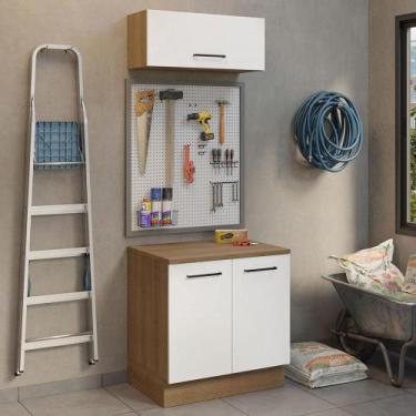 Imagem de Kit com Balcão e Armário Aéreo Multiuso 80cm Rustic/Branco Agata Mades