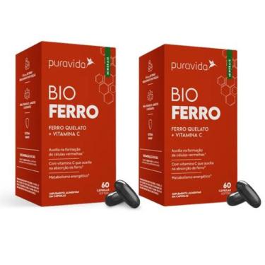 Imagem de Kit 2 Bio Ferro Vitaminas C Ferro Quelato 60 Cápsulas PuraVida, Sem sa