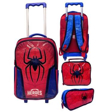 Imagem de Kit Mochila Infantil Aranha c/ Rodinha17 Escolar  Grande Estojo - SOU 