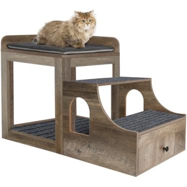 Imagem de Poleiro de janela para gatos com escadas removíveis, beliche grande para animais de estimação com gaveta e almofada para gatos e cães, cama de animal de estimação com estrutura forte para cabeceira,