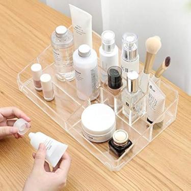 Imagem de Bandeja organizadora de maquiagem de acrílico transparente da Sooyee, caixa de armazenamento de 9 espaços para cosméticos, pincéis de maquiagem e produtos de cuidados com a pele.