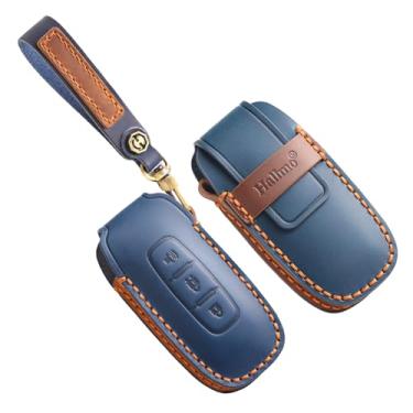 Imagem de HIBEYO Capa de chaveiro personalizável compatível com Nissan Teana Pathfinder Kicks X-Trail Rogue 2024 2025 Acessórios chaveiros personalizados de couro genuíno - 3 botões C tipo azul