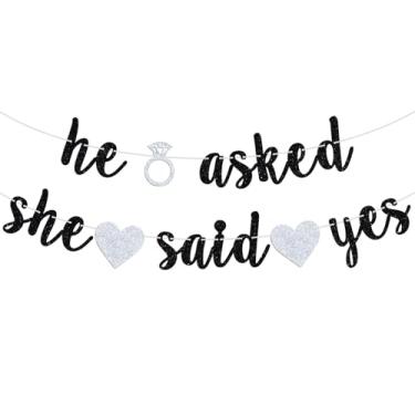 Imagem de Bandeira de casamento He Asked She Said Yes Banner, placa preta com glitter para noivado, casamento, noiva para ser, noivo para ser, chá de panela, decoração de festa de Dia dos Namorados