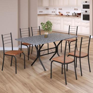 Imagem de Conjunto Sala De Jantar Mesa Retangular 140x75cm Tampo Granito Ocre 6 Cadeiras Rio C. Marrom - Preto Fosco