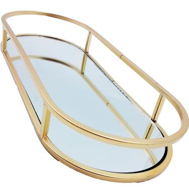 Imagem de Bandeja Oval Espelhada Metal Dourado Lavabo Multiuso 30x12cm