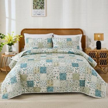 Imagem de Cozaline Conjunto de colcha queen para cama – 100% algodão tamanho Queen, verde, colchas de sálvia com 2 fronhas, 3 peças de roupa de cama leve reversível de retalhos para todas as estações