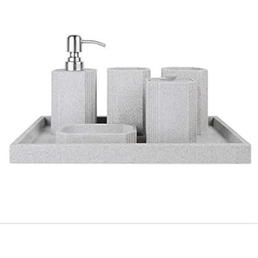 Imagem de Conjuntos De Acessórios Para Banheiro Arenito Nórdico Conjunto De Seis Peças Conjunto De Loção Garrafa Cotonete De Algodão Pode Boca Copo Saboneteira Com Bandeja Suprimentos P, White