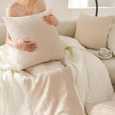 Imagem de Xiamenzcx Combo de travesseiro dobrável 2 em 1 - travesseiro de viagem 100% algodão e cobertor leve para cochilo de escritório, carro, sofá, avião - edredom compacto multiuso para adultos (bege)