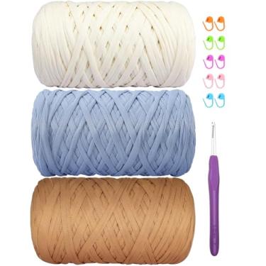 Imagem de Camiseta de 400 g de tecido elástico de crochê para tricô DIY, fio de crochê grosso espaguete para mão faça você mesmo, cesta de almofada, projetos de crochê, decoração de casa bege + azul celeste +