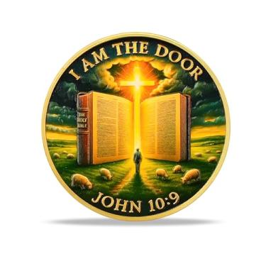Imagem de RYUKENLM I Am The Door Christian Challenge Coin John 10:9 Moedas do versículo da Bíblia Token Religioso Fé Presente Cristão Inspirador para Homens Mulheres Crianças