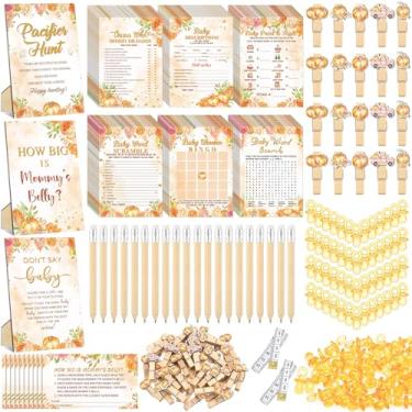 Imagem de Sherr 476 Jogos de chá de bebê de abóbora aquarela 6 conjuntos de cartas de atividades jogo de caça chupeta 50 chupetas Qual é o tamanho da barriga da mamãe 50 cartões de adivinhação 2 fita métrica