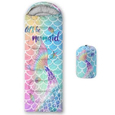Imagem de Smell Sunshine Saco de dormir infantil para meninos e meninas, escamas de arco-íris de sereia, leve, quente, ao ar livre, interior, impermeável, resistente ao clima frio, saco de dormir para