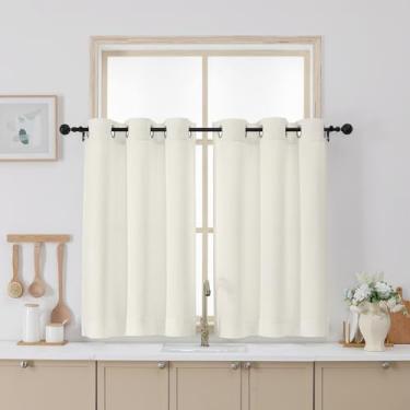 Imagem de Chyhomenyc Cortinas marfim 91 cm de comprimento, filtragem leve de linho sintético texturizado, pequenas cortinas de janela de cozinha sobre a pia, cortina de café curta com ilhós grossos para armário