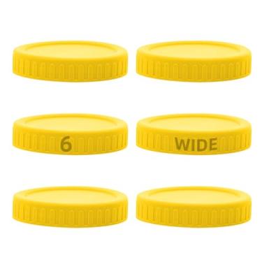 Imagem de 6 peças de tampas amarelas de boca larga para mais de 8,6 cm - Tampas de armazenamento de plástico branco para potes de conserva de boca larga - à prova de vazamento, grau alimentício, 86 mm (6)