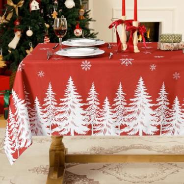 Imagem de Softalker Toalha de mesa retangular de Natal 152 x 351 cm, toalha de mesa vermelha para árvores de Natal de inverno, capa de mesa de tecido de fazenda resistente a manchas para férias, jantar, festa
