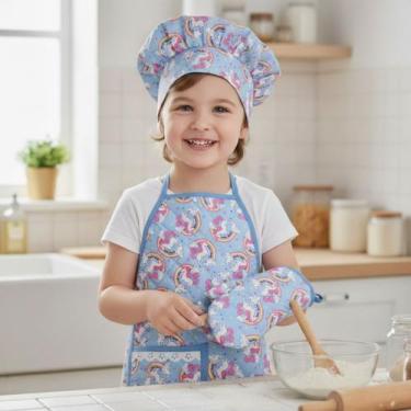 Imagem de Kit Avental Infantil de Cozinha Estampado com Touca e Luva - Mava Enxo