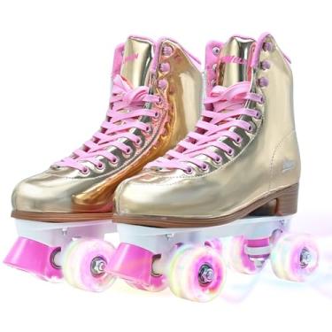 Imagem de Patins de patins para mulheres, patins quádruplos de couro PU de cano alto para iniciantes, ouro brilhante a laser, duas fileiras para meninas de 8 a 50 anos, ao ar livre e interno