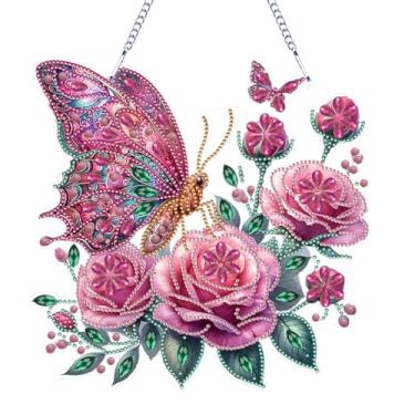 Imagem de C'eitura Kit de pintura de arte de diamante DIY para iniciantes - Pingente de acrílico de borboleta de flor rosa para decoração de parede de janela de casa, presente exclusivo para mulheres e meninas