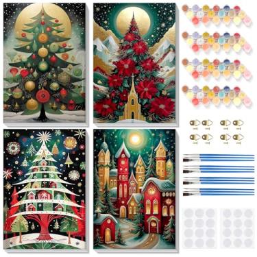 Imagem de Bowetile Pacote com 4 tintas emolduradas de Natal por números para adultos iniciantes, kits fáceis de pintar por número em tela, kits de artesanato de pintura com números acrílicos, presentes de Natal