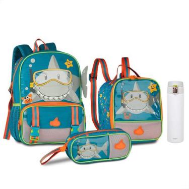 Imagem de Kit Mini Mochila De Costas Tubarão Escolar Infantil Lancheira Térmica 