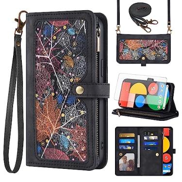 Imagem de Asuwish Capa de celular para Google Pixel 5 carteira com protetor de tela e alça de pulso transversal de couro padrão flip zíper suporte para cartão de crédito celular Pixel5 5G Pixle Five G5 mulheres