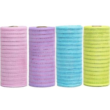 Imagem de JStnana Rosa Roxo Azul Verde Deco Malha 15 cm, 4 Rolos Primavera Páscoa Fita de Malha 30 Pés Cada Rolo Folha Metálica Rolos de Malha Decorativa Tecido DIY Artesanato Grinalda Suprimentos para