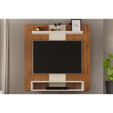 Imagem de Painel Home p/TV até 47 Polegadas Smart c/ Prateleira e Nichos 120x120cm Freijó/Off White - DJ Móveis