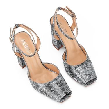 Imagem de Perisis Sandálias femininas de salto alto com salto grosso, marrom, bico quadrado, aberto, tira no tornozelo, bordô, salto elegante, para mulheres, sexy, fofa, confortável, verão, Flor preta, 38