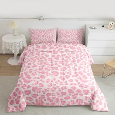Imagem de Feelyou Conjunto de cama de leopardo rosa macio para meninos e meninas, conjunto de edredom casal com estampa de animal de microfibra, estampa de pele de leopardo, safári, 3 peças com 2 fronhas