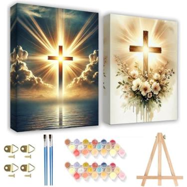 Imagem de KYOQFVN Pacote com 2 tintas cristãs por números para adultos – tinta adulta por números com moldura - cavalete de madeira, pintura acrílica fácil por números para decoração de parede de casa 20 x 30