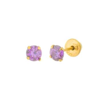 Imagem de Brinco Ouro 18k Infantil 2 Furo Zirconia 4mm Lilás Roxo - ZELLO JÓIAS