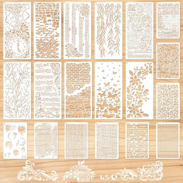 Imagem de LXUEJIE 19 peças de estênceis para artesanato, estênceis reutilizáveis com estampa de camadas mistas, ramos musicais, textura floral, modelos de fundo para pintura em móveis de madeira, papel