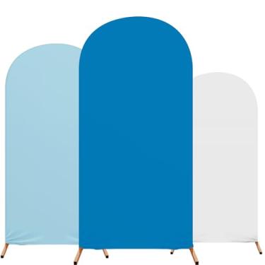 Imagem de Tingjoo Decoração de festa de aniversário com tema de Natal de inverno, conjunto de 3 capas de arco com estampa temática de elastano para festa de aniversário, 1,2 m, 1,5 m, 1,8 m (azul, branco, azul