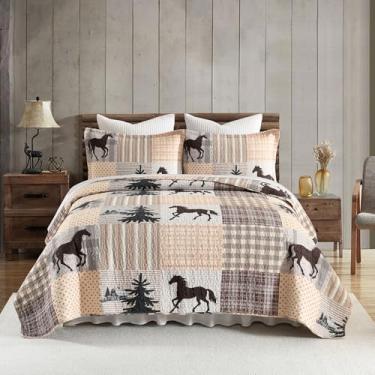 Imagem de Qiqiong Conjunto de cama Queen Size 100% algodão, leve, xadrez, Queen, árvore, floresta, cavalo, patchwork, reversível, colcha/edredom com 2 fronhas, 3 peças