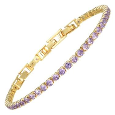 Imagem de RIZILIA Pulseira feminina minimalista Not-Your-Basic com corte brilhante redondo de 3 mm CZ imitação de ametista roxa em ouro amarelo 14K, base de 16,5 cm com extensores de 1,3 cm/2,5 cm para 17,78-19