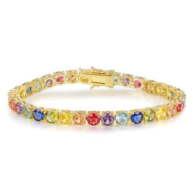 Imagem de Gemsme Pulseira feminina de tênis de zircônia cúbica colorida de 5,0 mm, banhado a ouro branco 18K, banhado a ouro branco/amarelo, zircônia cúbica, arco-íris, 7.5 inch, Latão, Zircônia cúbica
