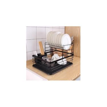 Imagem de Escorredor de Louças Duplo em Metal, Preto Fosco, 2 Andares com Suporte para Talheres, 22x29x39cm, Estrutura Resistente para Cozinha