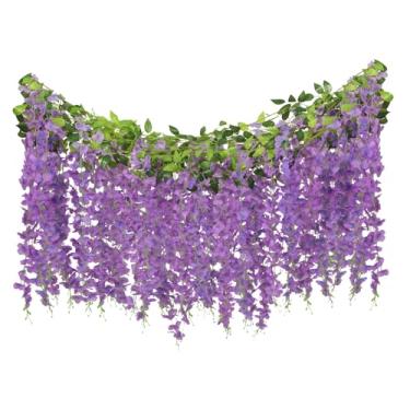 Imagem de ARTKAIKE Guirlanda de flores artificiais para decoração de casa, planta de seda falsa de glicínia para quarto, banheiro, parede, cozinha, quarto, jardim, decoração de casamento ao ar livre (6, roxo)