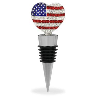 Imagem de Cheers Silver American Heart Rolha de garrafa de vinho com cristais de strass – Bonito topo de selo patriótico cintilante para garrafas de vinho, presentes de bar exclusivos para mulheres e homens