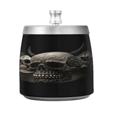 Imagem de JUZIHAI Cinzeiro de caveira preta de Halloween com tampa, bandeja de cinzeiro de aço inoxidável inodoro à prova de vento cinzeiro sem fumaça para escritório em casa, pátio, varanda, cigarro