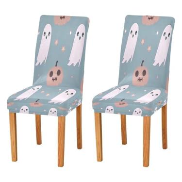 Imagem de Qilmy Conjunto de 4 capas elásticas para cadeira de jantar Halloween Boo, laváveis e removíveis, para sala de jantar, cozinha, hotel, banquete, festa, protetores de cadeira