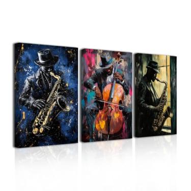 Imagem de LZIMU Arte de parede de jazz abstrata preta imagem de música afro-americana impressões em tela pintura de banda de jazz vintage para decoração de sala de aula de clube musical emoldurada (azul, 30,5 x