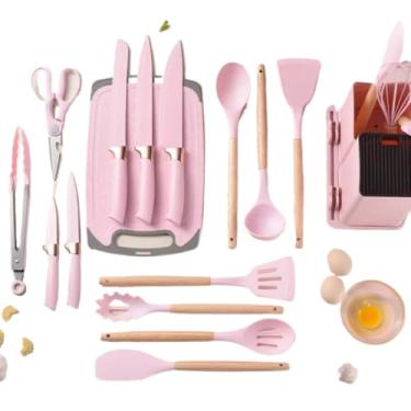 Imagem de Mini Kit Completo Jogo Utensílios de Cozinha 19 Peças Com Tábua em Silicone Espátula Faca Tesoura 890g(ROSA)