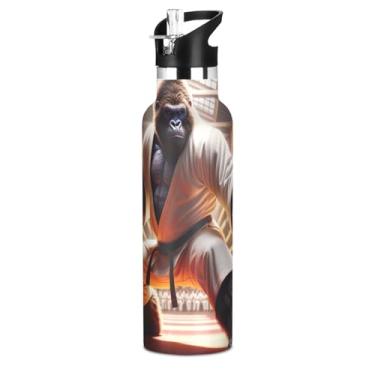 Imagem de Joisal Garrafas de água escolar de aço inoxidável para meninas, Gorilla Karate Funny 597 g, livre de BPA, garrafas de água a vácuo de parede dupla, copos de viagem isolados para crianças com tampa de